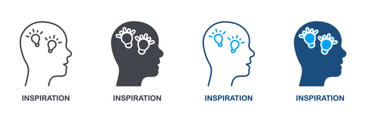Inspiration, Brainstorming, Creative Thinking Silhouette and Line Icon Set. Innovation Idea. Lightbulb in Human Head Pictogram. Intellectual Mind Symbol Collection. Isolated Vector Illustration