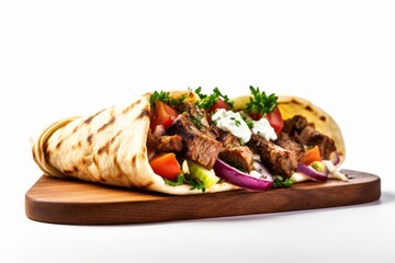 Macro view photography of a tempting kebab on a wooden board against a white background. With generative AI technology