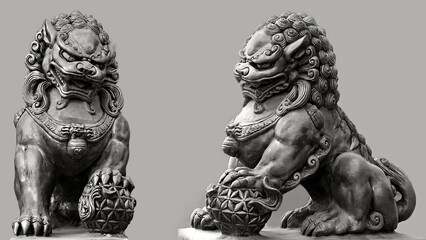 Fototapeta na wymiar Guardian Lion Foo Fu dog guard. Buddhist sculpture. Stone statue.