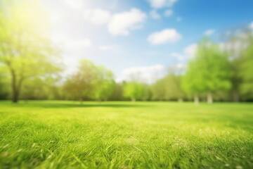 Fototapeta na wymiar Beautiful blurred background image of spring nature with a neatly trimmed lawn surrounded by trees against a blue sky with clouds on a bright sunny, Generative AI