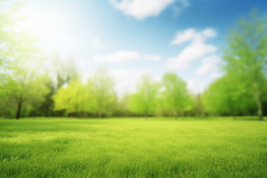 Beautiful blurred background image of spring nature with a neatly trimmed lawn surrounded by trees against a blue sky with clouds on a bright sunny, Generative AI