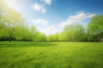 Obraz na płótnie Canvas Beautiful blurred background image of spring nature with a neatly trimmed lawn surrounded by trees against a blue sky with clouds on a bright sunny, Generative AI