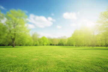 Obraz na płótnie Canvas Beautiful blurred background image of spring nature with a neatly trimmed lawn surrounded by trees against a blue sky with clouds on a bright sunny, Generative AI