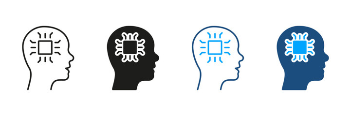 Innovation Neuroscience AI Concept Pictogram. Human Head and Chip Technology Silhouette and Line Icons Set. Artificial Intelligence Black and Color Symbol Collection. Isolated Vector Illustration