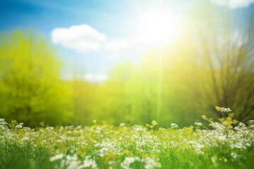 Beautiful blurred spring background nature with blooming glade, trees and blue sky on a sunny day, Generative AI