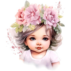 Naklejka premium Baby girl watercolor clipart, isolated, transparent background, created with Generative AI technology