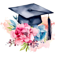 Floral graduation hat watercolor clipart, isolated, transparent background, created with Generative AI technology