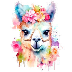Llama watercolor clipart, isolated, transparent background, created with Generative AI technology