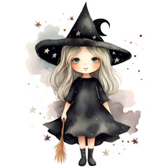 Cute halloween witch watercolor clipart, isolated, transparent background, created with Generative AI technology