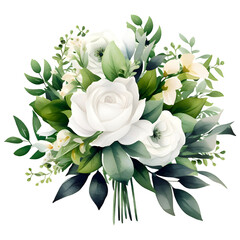 White wedding bouquet watercolor clipart, isolated, transparent background, created with Generative AI technology