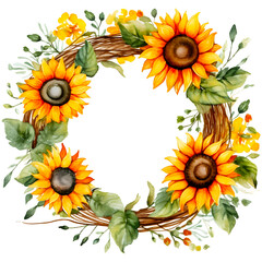 Sunflower wreath watercolor clipart, isolated, transparent background, created with Generative AI technology