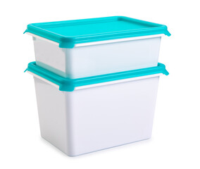 Plastic box with turquoise lid isolated on white background.