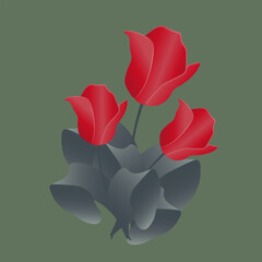 Gradient red Tulips in retro style. Spring Flowers bouquet on green background. Vintage card with beautiful Red Flower. Vector Art.