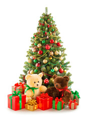 Christmas tree, pile of Christmas gifts, two teddy bears isolated on white background