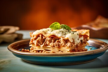 Close-up view photography of a tempting lasagna in a clay dish against a pastel or soft colors background. With generative AI technology