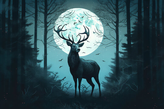 Cerf devant la lune g&eacute;n&eacute;r&eacute; par IA