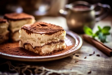 Macro view photography of a tempting tiramisu on a rustic plate against a pastel or soft colors background. With generative AI technology