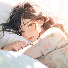 ベッドからこちらを見る寝起きの女の子 | Generative AI
