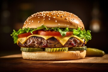 Close-up view photography of a tempting burguer on a wooden board against a rustic wood background. With generative AI technology