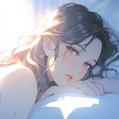 ベッドからこちらを見る寝起きの女の子 | Generative AI
