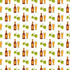 Octoberfest pattern with brown beer bottles, beer glasses and hop. Oktoberfest seamless background. Germany traditional texture. Prints. Bavarian diamond wallpaper. Vector. Color illustration