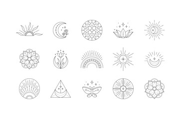 Linear bohemian logo set, boho icons - floral, mandala, sun, abstract design elements for decoration in modern minimalist style. Vector illustration