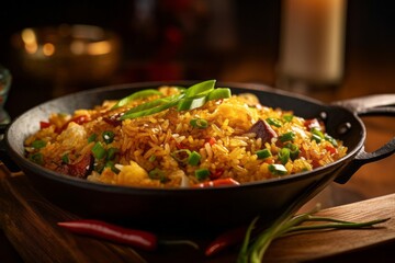 Highly detailed close-up photography of a tempting fried rice on a metal tray against a rustic wood background. With generative AI technology