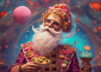 Arabic wizard. A magician in a pink robe decorated with fruits and sweets holds a bowl of oriental sweets in his hands, around pink fluffy balls, a colorful illustration inspired by oriental tales, AI