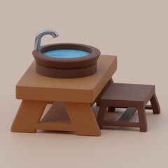 3d rendered sink on a wood table and wood chair perfect for design project