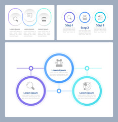 Personal achievements infographic chart design templates set. Editable infochart with icons. Instructional graphics with 3 step sequence. Quicksand, Merriweather Sans, Myriad Pro fonts used