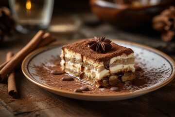 Highly detailed close-up photography of a tempting tiramisu on a rustic plate against a rustic wood background. With generative AI technology