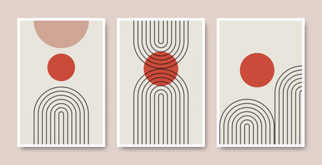 Set of abstract boho modern posters, with orange sun and grey arc line. Minimalist design for background, wall art cover, wallpaper, card, interior décor, vector illustration.