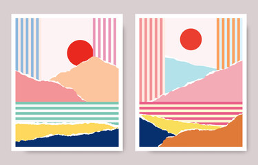 Abstract colorful modern wall art with torn edge paper, landscape background with sun, sea, mountain. Vector background for interior decoration, card,poster, banner, social media template.