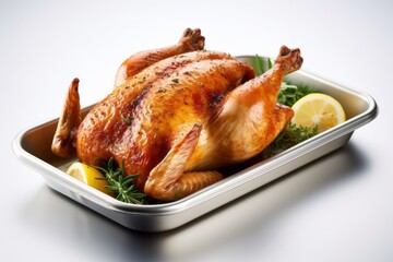 Close-up view photography of a tempting roast chicken on a plastic tray against a white ceramic background. With generative AI technology