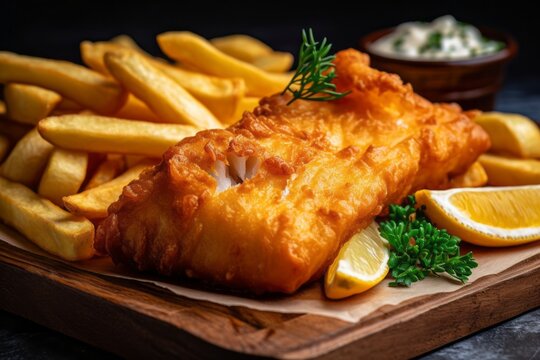 Rustic ambiance close-up photography of a tempting fish and chips on a ceramic tile against a white ceramic background. With generative AI technology