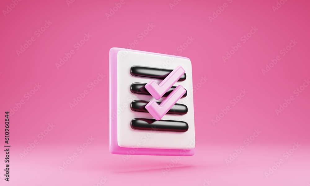 Poster clipboard icon with checklist isolated on pink background. 3d rendering illustration