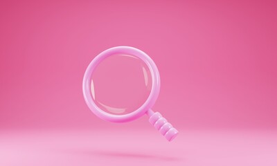 3d rendering pink magnifying glass icon isolated on pink background