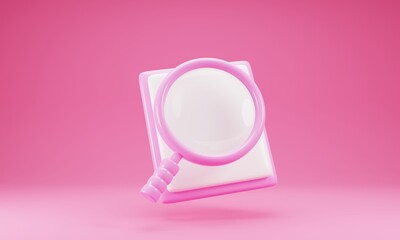 Clipboard icon with magnifying glass isolated on pink background. 3d illustration