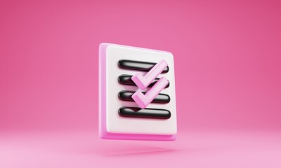 Clipboard icon with checklist isolated on pink background. 3d rendering illustration