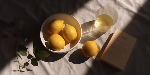Lemon still life. Close up of citrus fruits on a white linen fabric with overlay shadow effect.Nature organic food concept. Summertime background. Generative Ai