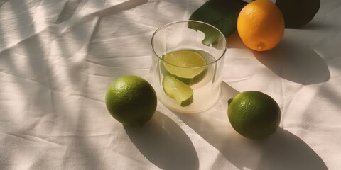 Lemon and lime still life. Close up of citrus fruits on a white linen fabric with overlay shadow effect.Nature organic food concept. Summertime background. Generative Ai