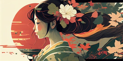 A sorrowful woman in traditional Japanese ukiyo-e, dressed in a nostalgic retro kimono, blends into the landscape Calming colors Abstract, AI-generated illustration