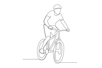 Obraz premium Vector one continuous single line drawing of young man riding bicycle for exercise healthy commuter lifestyle concept linear sketch isolated
