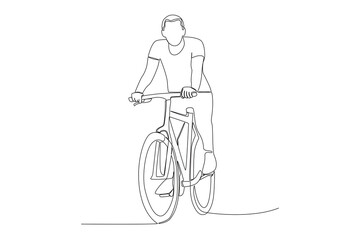 Vector one continuous single line drawing of young man riding bicycle for exercise healthy commuter lifestyle concept linear sketch isolated