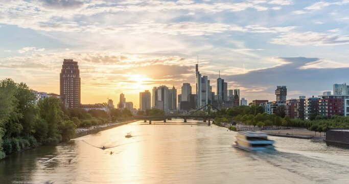 Day to night timelapse of Frankfurt city skyline. Important commercial buildings of europes financial capital in 4k in the summertime. 