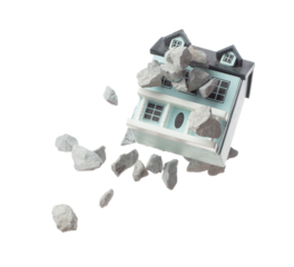 Dream House fly float in air with magic gravel. Construction of sand rock gravel is material base making Dream home. Miniature house takes flight as enchanting strong gravel. White background isolated