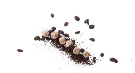 Rich aroma freshly roasted coffee beans fly in air as dance alongside alphabet letter blocks toy beads "Coffee", embodying essence of the coffee seed powder. White background isolated explosion