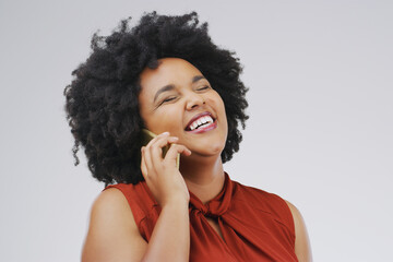 Fototapeta na wymiar Phone call, laugh and woman in studio for conversation, talking and funny chat on mockup. Communication, white background and happy african female person on smartphone for joke, contact and comedy