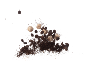 Rich aroma freshly roasted coffee beans fly in air as dance alongside alphabet letter blocks toy beads "FRESH", embodying essence of the coffee seed powder. White background isolated explosion