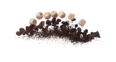 Rich aroma freshly roasted coffee beans fly in air as dance alongside alphabet letter blocks toy...